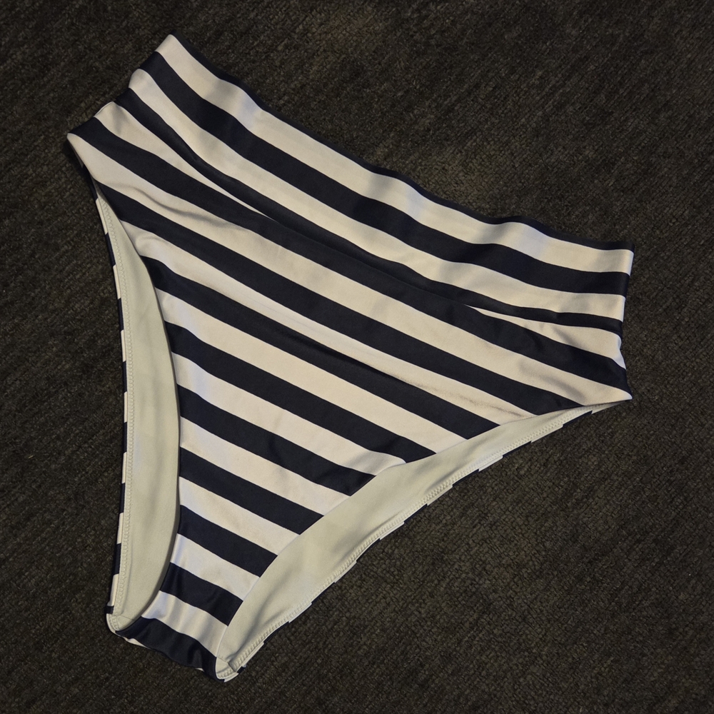 aerie Navy and White Striped High-Waist High Cut Cheeky Bikini Bottoms. Size XL